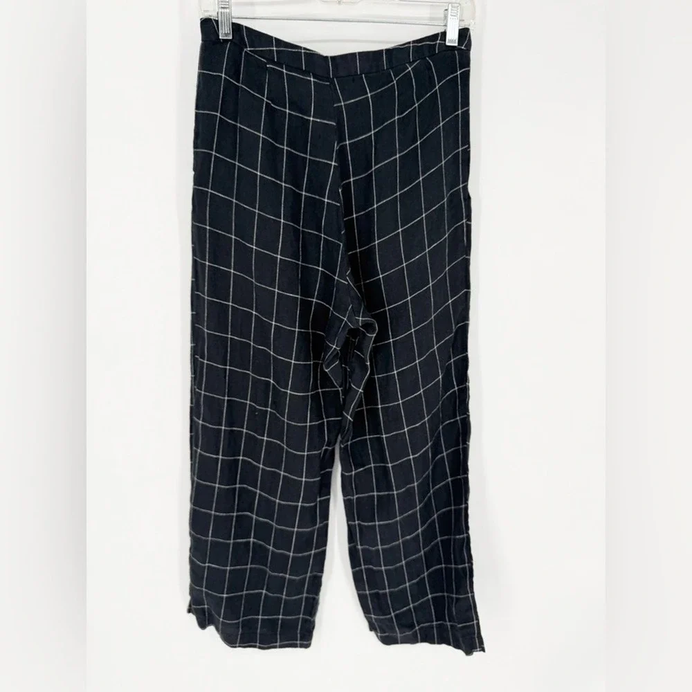 REFORMATION High Rise Windowpane Plaid Linen Trousers Black/White Size S Office